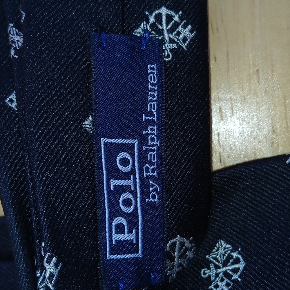 POLO by Ralph Lauren Black Tie with White Anchor and Flags Motif - Picture 3 of 5